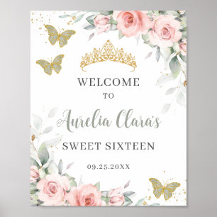 Blush Floral Butterflies Sage Green Sweet Sixteen  Poster