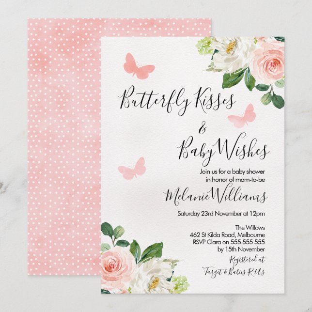Blush Floral Butterfly Baby Shower Invitation (Front/Back)