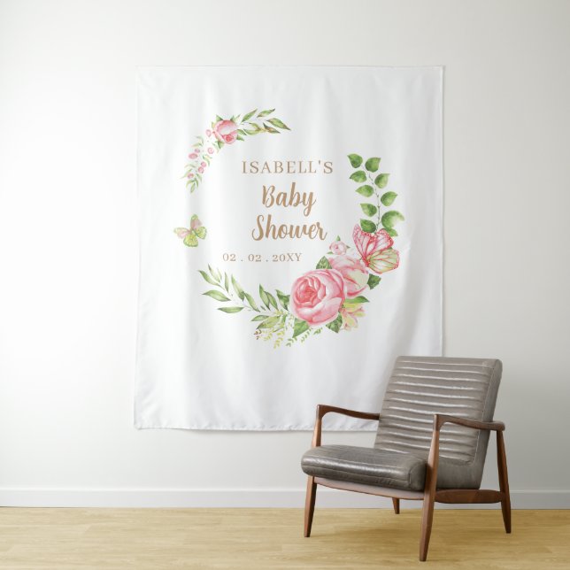 Blush Floral Butterfly Baby Shower Photo Backdrop Tapestry (In Situ)