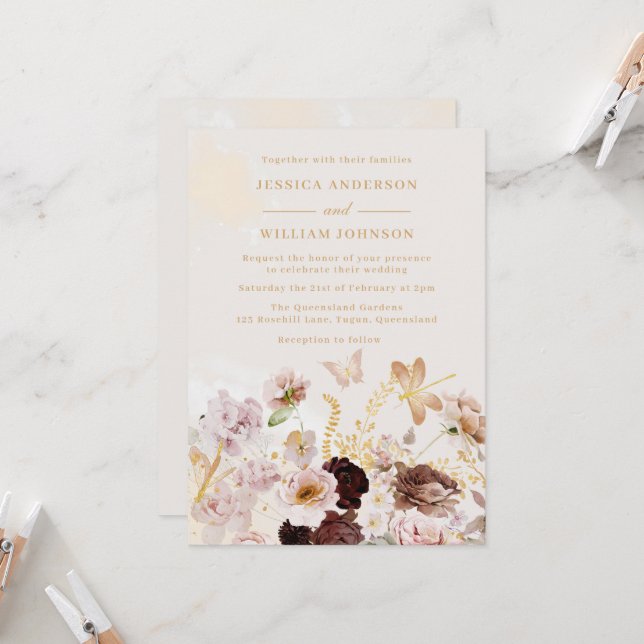 Blush Floral Butterfly Marble Watercolor Wedding Invitation (Front/Back In Situ)