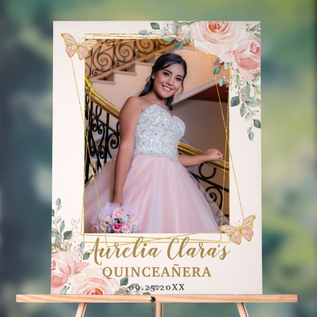 Blush Floral Butterfly Quinceanera Birthday Photo Acrylic Sign (Neutral)