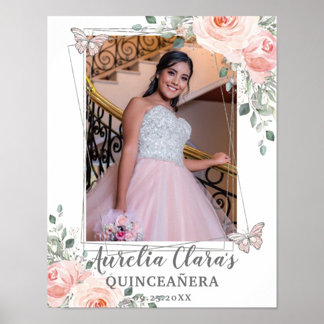 Blush Floral Butterfly Quinceanera Birthday Photo  Poster (Front)