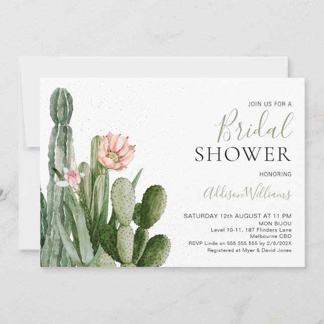 Blush Floral Cactus Succulents Bridal Shower Invitation (Front)
