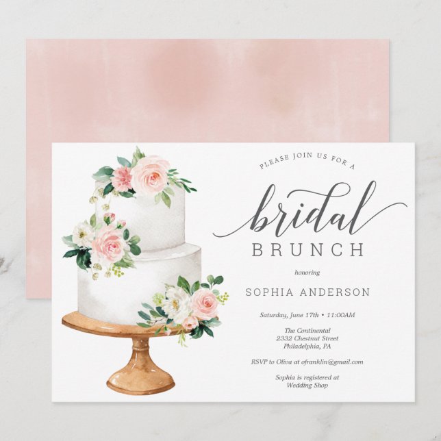 Blush Floral Cake Bridal Shower Brunch Invite (Front/Back)