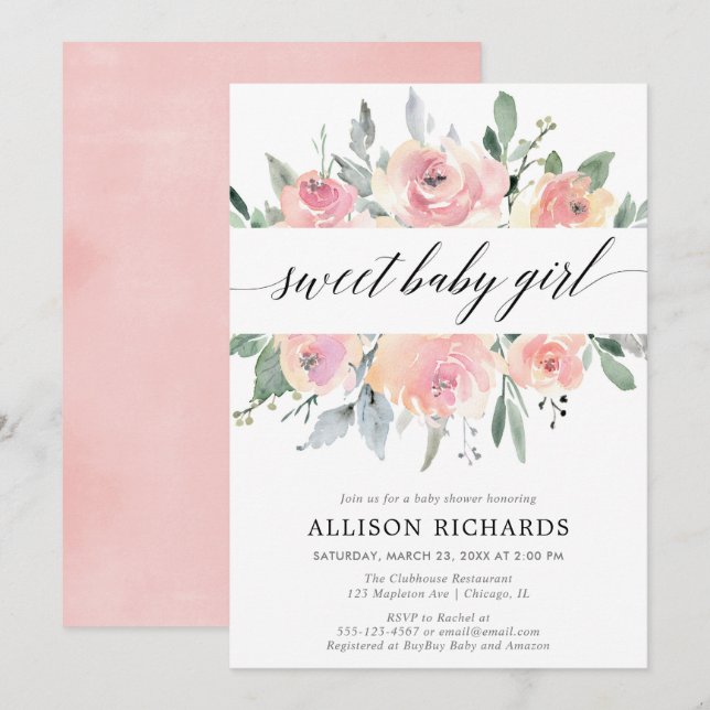 Blush floral calligraphy elegant girl baby shower invitation (Front/Back)