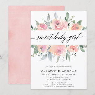Blush floral calligraphy elegant girl baby shower invitation