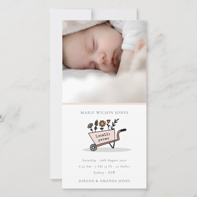 Blush Floral Cart Photo Baby Birth Announcement  (Front)