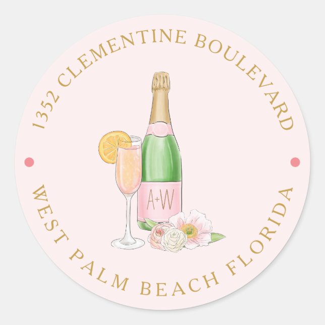 Blush Floral Champagne Bridal Shower Address Class Classic Round Sticker (Front)