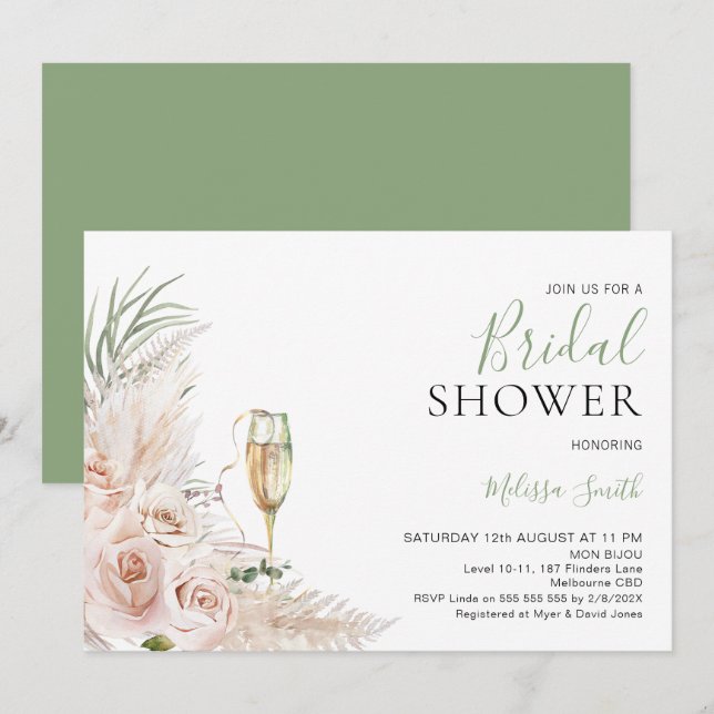 Blush Floral Champagne Glass Bridal Shower Invitation (Front/Back)