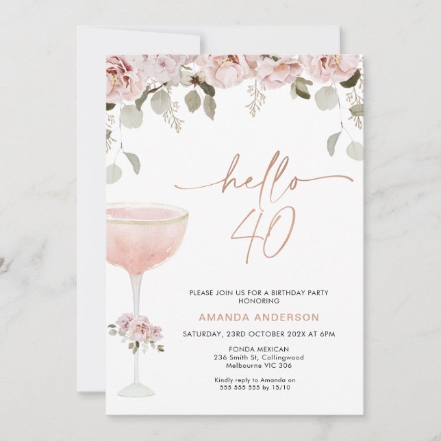 Blush Floral Champagne Glass Hello 40 Birthday  Invitation (Front)