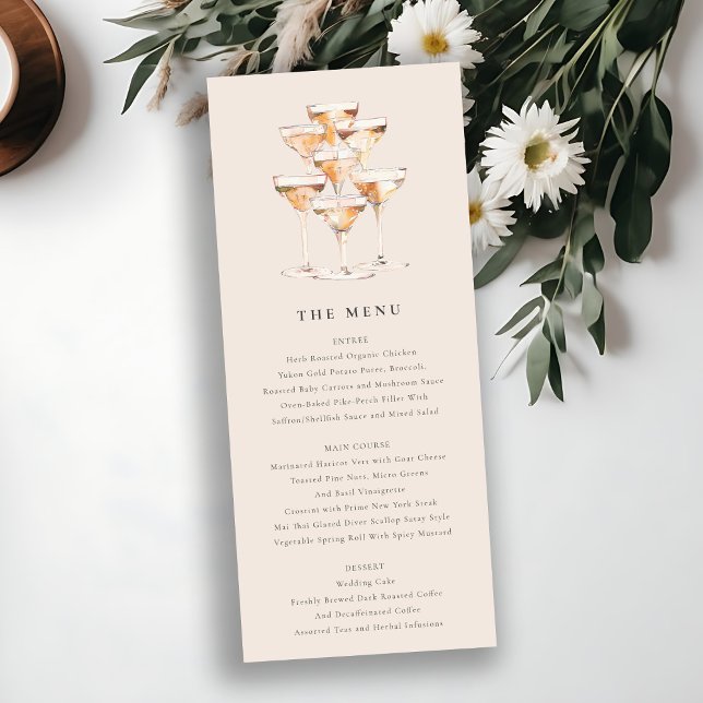 Blush Floral Champagne Wine Glasses Wedding Menu Invitation (Creator Uploaded)