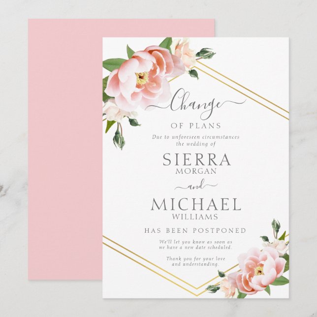 Blush Floral Change of Plans Wedding Postponed Invitation (Front/Back)