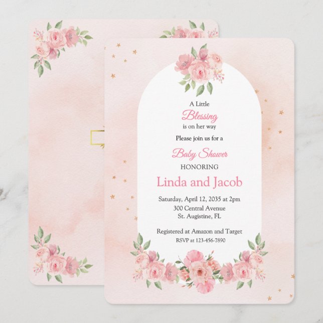 Blush Floral Christian Baby Shower with Gold Cross Invitation (Front/Back)