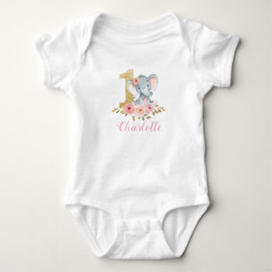 Blush Floral Cute Baby Elephant 1st Birthday Bodysuit