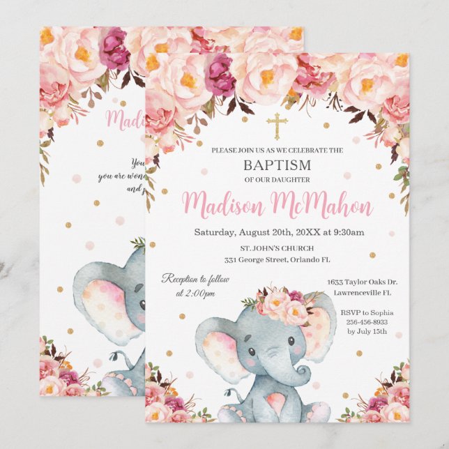 Blush Floral Cute Elephant Christening Baptism Invitation (Front/Back)