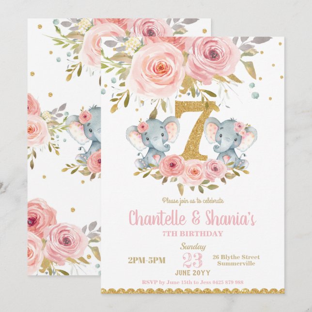 Blush Floral Cute Elephant Twin Girls 7th Birthday Invitation (Front/Back)