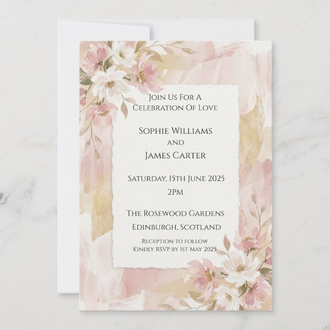 Blush Floral Deckle Edge Wedding Invitation (Front)