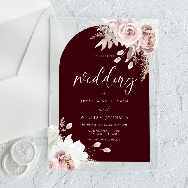 Blush Floral Deep Burgundy Arch Wedding Acrylic Invitations (Creator Uploaded)