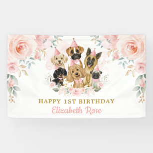 Blush Floral Dogs Puppies Birthday Girl Welcome Banner