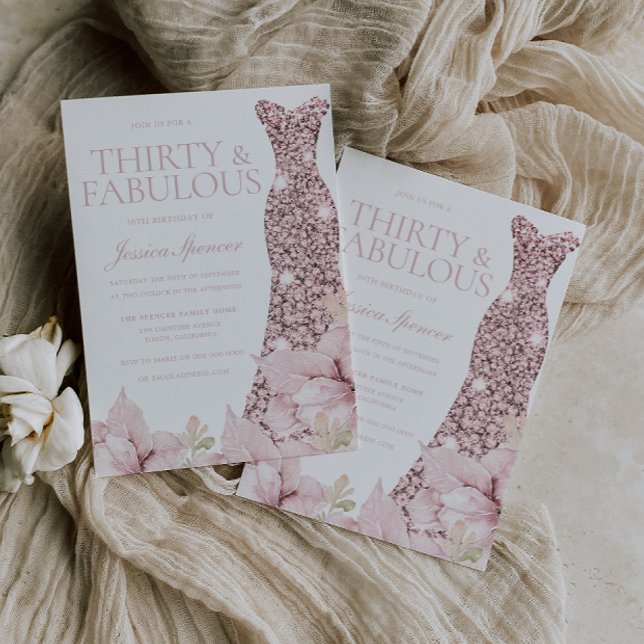 Blush Floral & Dress 30th Birthday Party Invitation (Creator Uploaded)