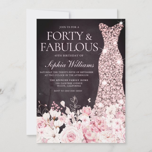Blush Floral & Dress Burgundy 40th Birthday Party Invitation (Front)