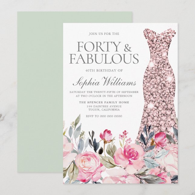 Blush Floral Dress Forty & Fabulous 40th Birthday Invitation (Front/Back)