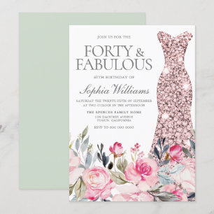 Blush Floral Dress Forty & Fabulous 40th Birthday Invitation