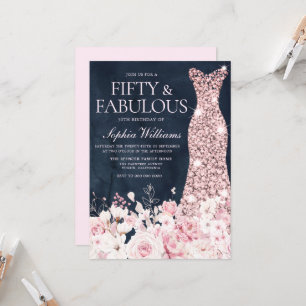 Blush Floral & Dress Navy 50th Birthday Party Invitation