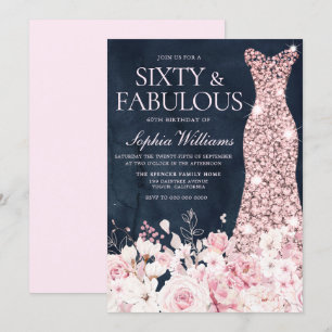 Blush Floral & Dress Navy 60th Birthday Party Invitation