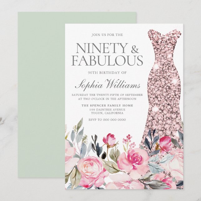 Blush Floral Dress Ninety & Fabulous 90th Birthday Invitation (Front/Back)