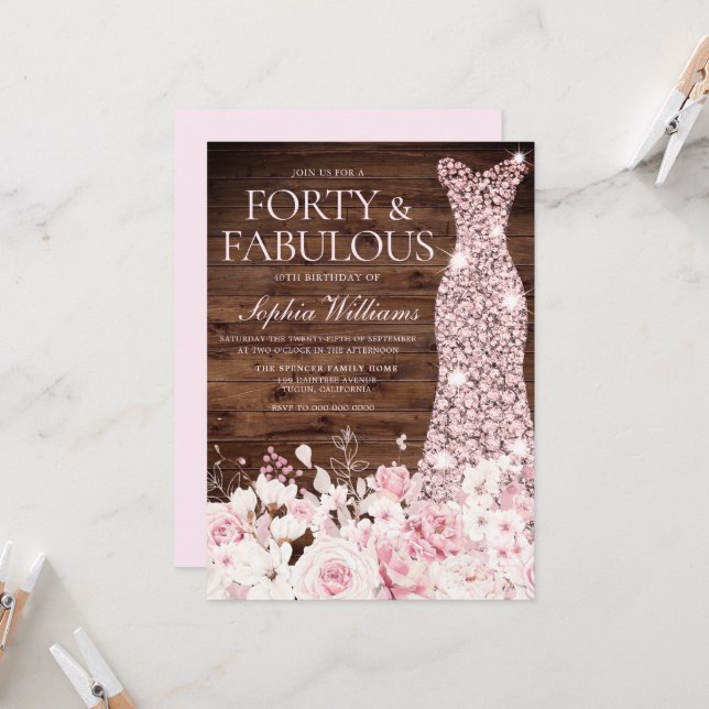 Blush Floral & Dress Rustic 40th Birthday Party Invitation (Front/Back In Situ)