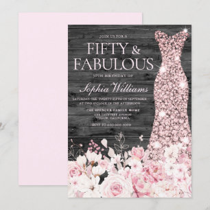 Blush Floral Dress Rustic Charcoal 50th Birthday Invitation
