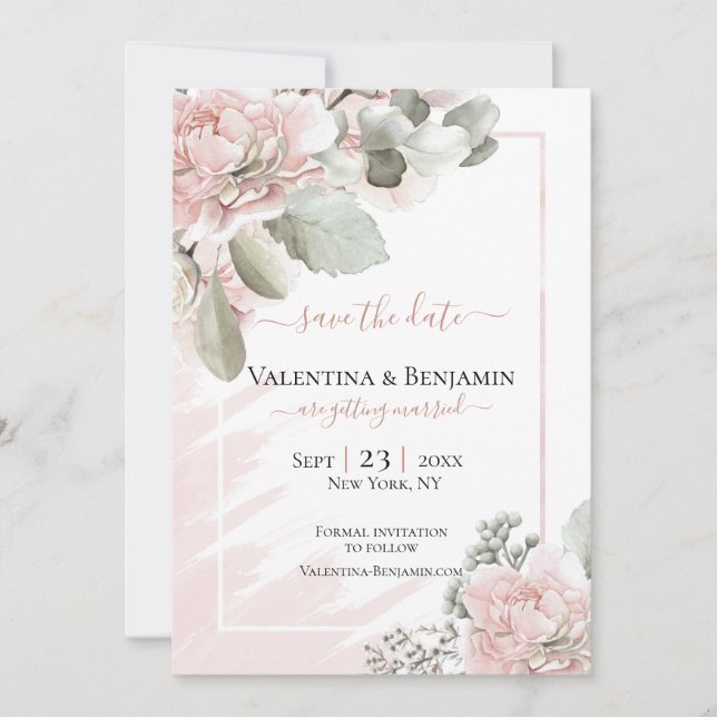 Blush floral dusty rose boho chic wedding save the date (Front)