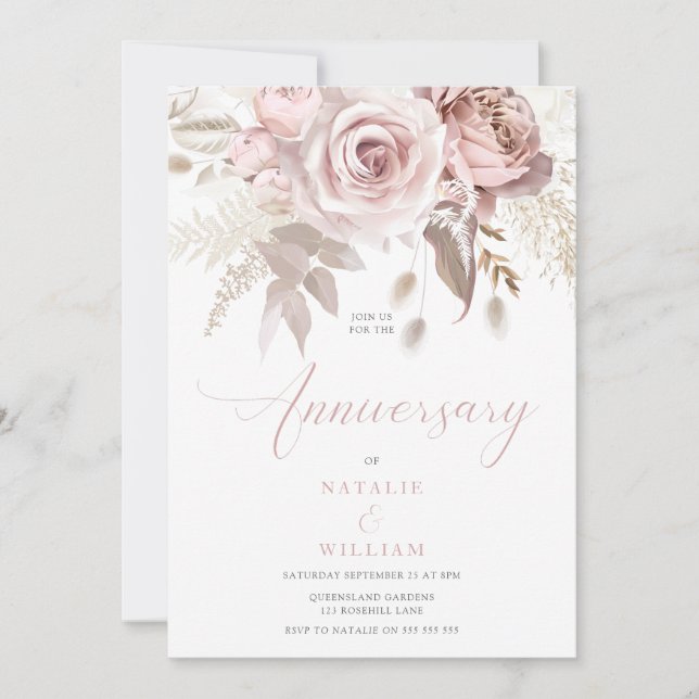 Blush Floral Dusty Roses Wedding Anniversary Invitation (Front)
