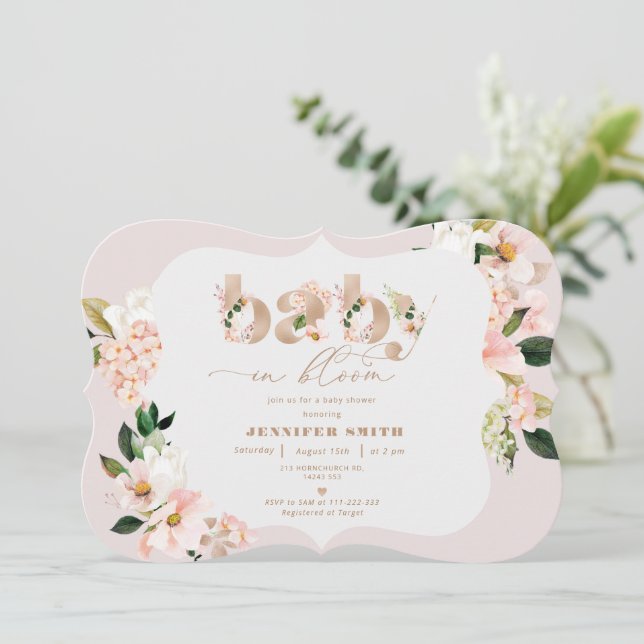 Blush floral elegant baby in bloom baby shower invitation (Standing Front)