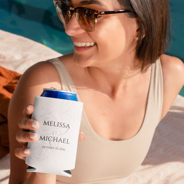 Blush Floral Elegant Calligraphy Simple Ampersand Can Cooler (Elegant blush floral greenery wedding can cooler. )