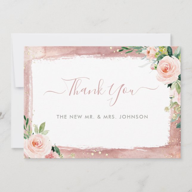 Blush Floral Elegant Enchanted Wedding Thank You Card (Front)