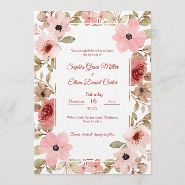 Blush Floral Elegant Photo Wedding Invitation (Front)