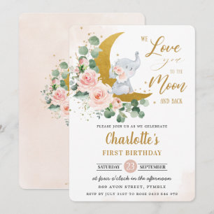 Blush Floral Elephant 1st Birthday Crescent Moon   Invitation