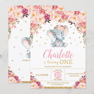 Blush Floral Elephant 1st Birthday Gold Glitter Invitation