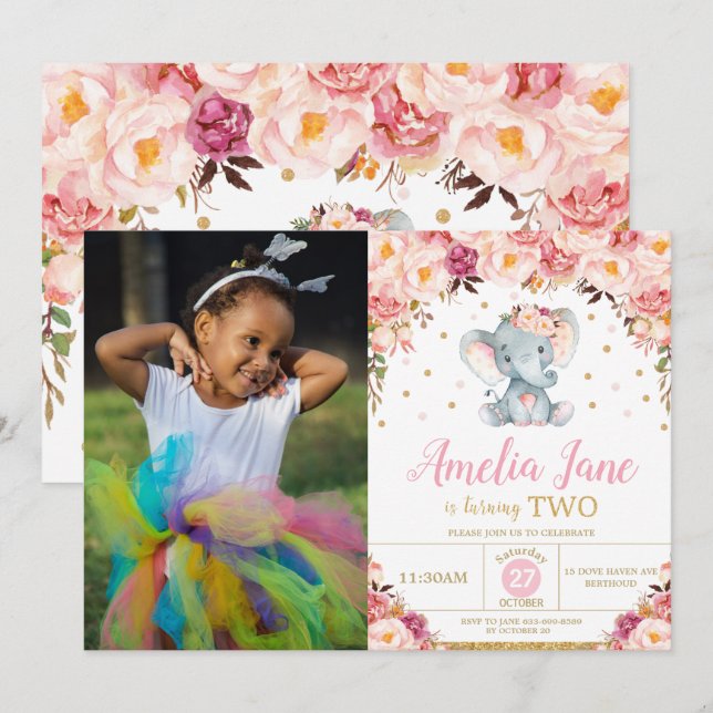Blush Floral Elephant 2nd Birthday Gold Photo Invitation (Front/Back)