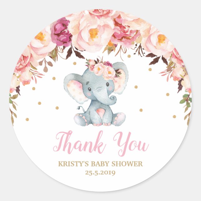 Blush Floral Elephant Baby Shower Birthday Favour  Classic Round Sticker (Front)