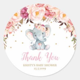 Blush Floral Elephant Baby Shower Birthday Favour  Classic Round Sticker