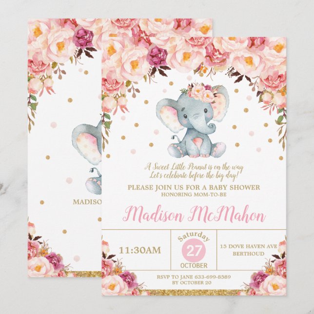 Blush Floral Elephant Baby Shower Girl Invitation (Front/Back)