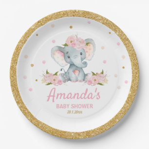 Blush Floral Elephant Baby Shower Girl Paper Plate