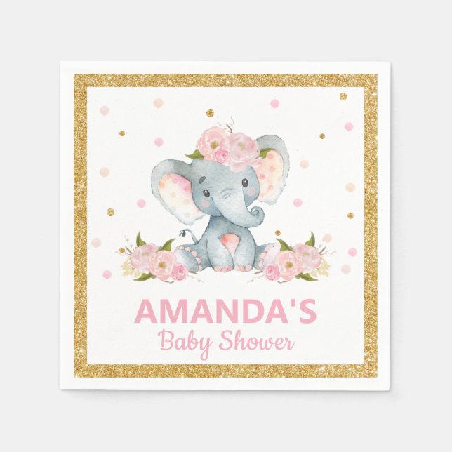 Blush Floral Elephant Baby Shower Girl Serviettes Napkin (Front)