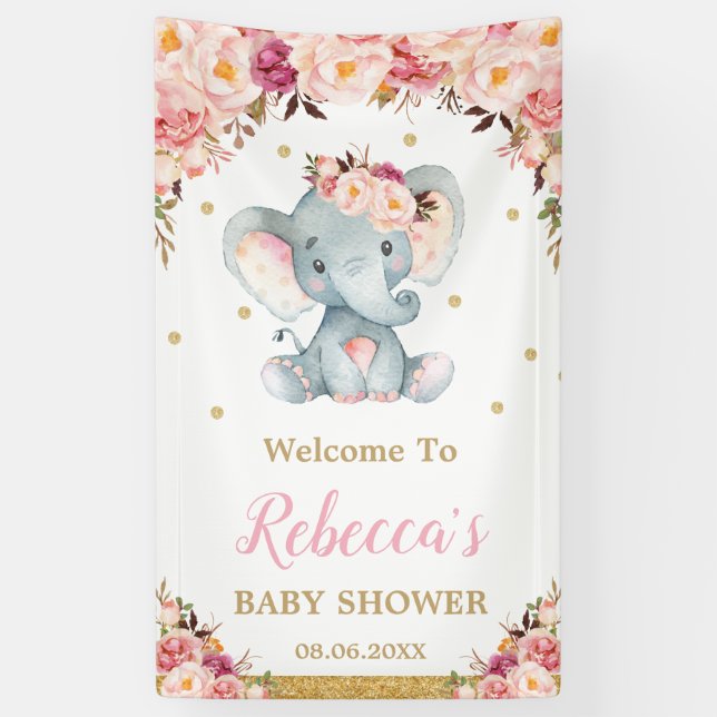 Blush Floral Elephant Baby Shower Party Backdrop B Banner (Vertical)