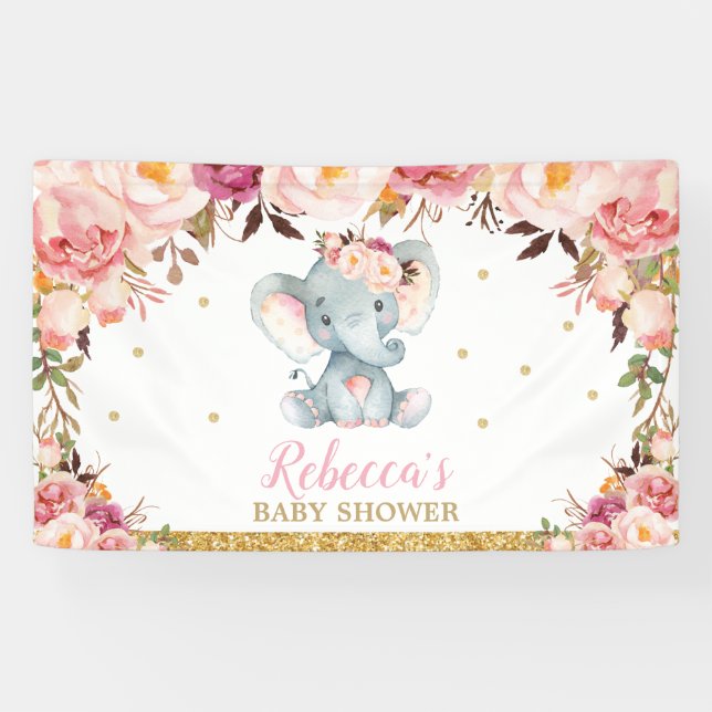 Blush Floral Elephant Baby Shower Party Backdrop Banner (Horizontal)