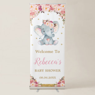 Blush Floral Elephant Baby Shower Party Backdrop Retractable Banner