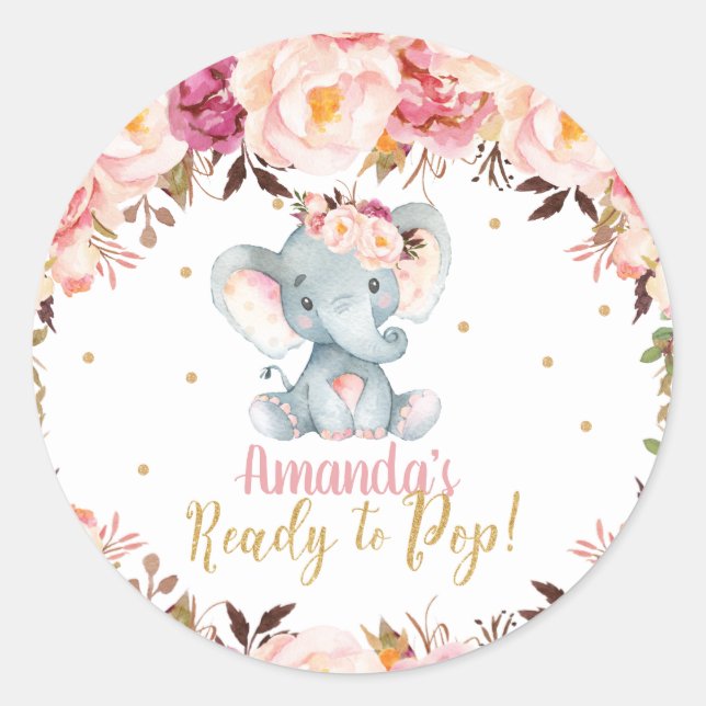 Blush Floral Elephant Baby Shower Ready to Pop  Classic Round Sticker (Front)